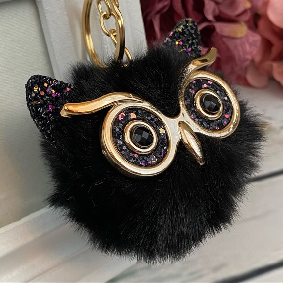 Fluffy Black Owl with Glasses Pom Pom Keychain - Picture 5 of 14